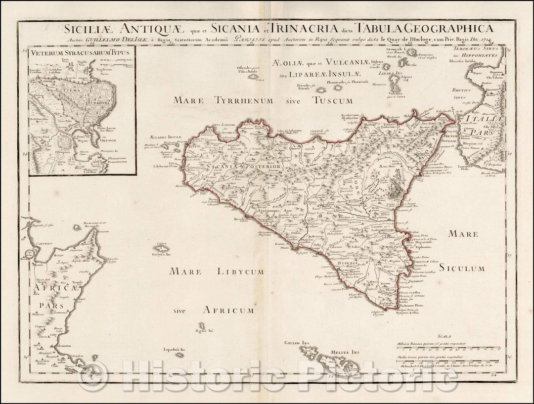 Historic Map - Siciliae Antiquae quae et Sicania et Trinacria dicta/Map of Ancient Sicily, with a large inset of Syracuse, by Guillaume De L'Isle, 1745 - Vintage Wall Art
