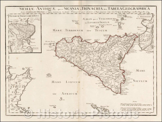 Historic Map - Siciliae Antiquae quae et Sicania et Trinacria dicta/Map of Ancient Sicily, with a large inset of Syracuse, by Guillaume De L'Isle, 1745 - Vintage Wall Art