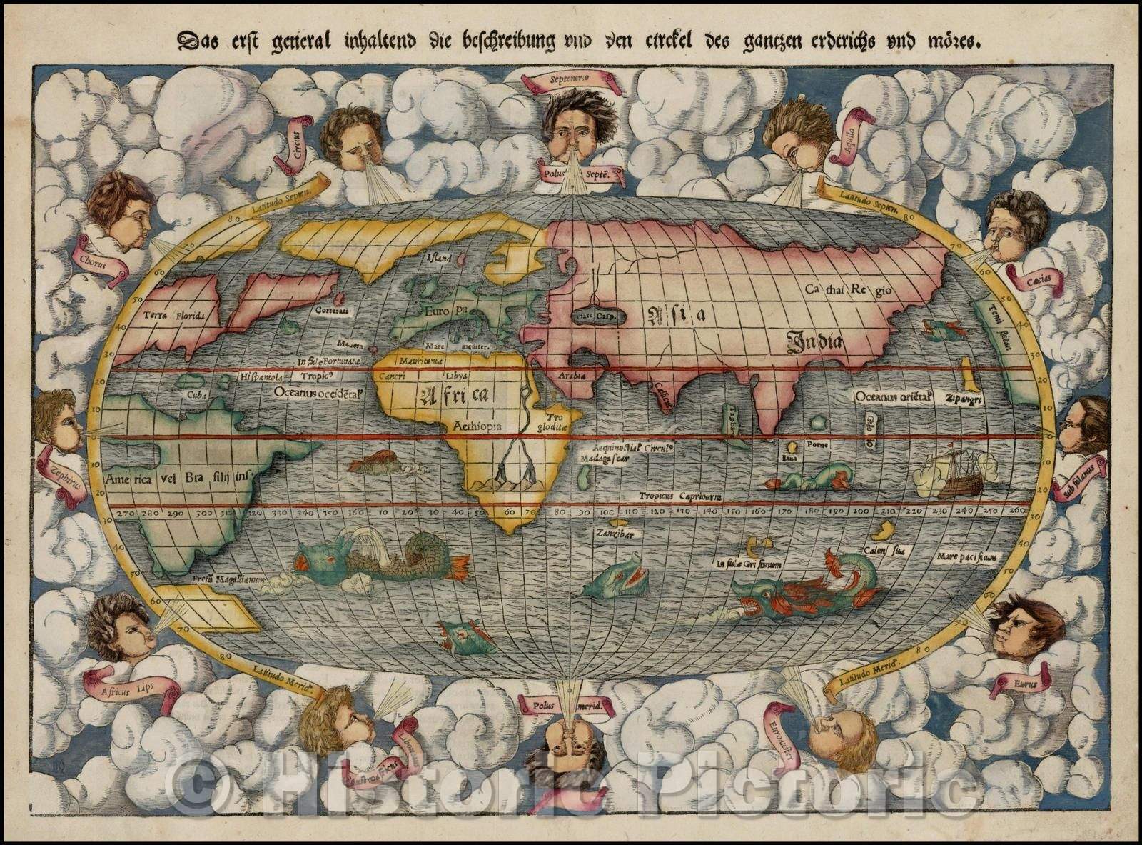 Historic Map - Das Erst General/inhaltend die beschreibung/Munster's Map of the modern world, 1550, Sebastian M?nster - Vintage Wall Art
