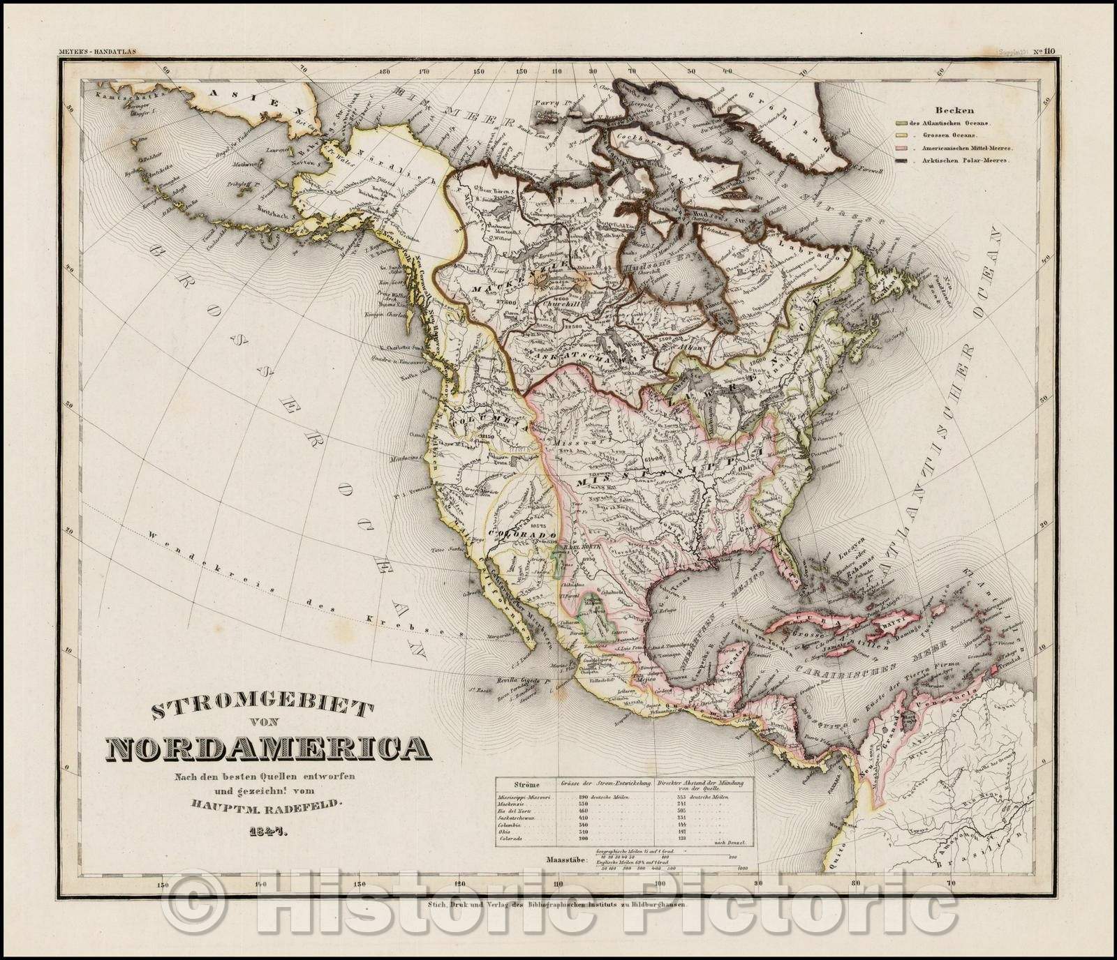 Historic Map - Stromgebiet von Nordamerica Nach den besten Quellen entworfen und gezeichnt. Vom Hauptm. Radefeld, 1847, Joseph Meyer - Vintage Wall Art