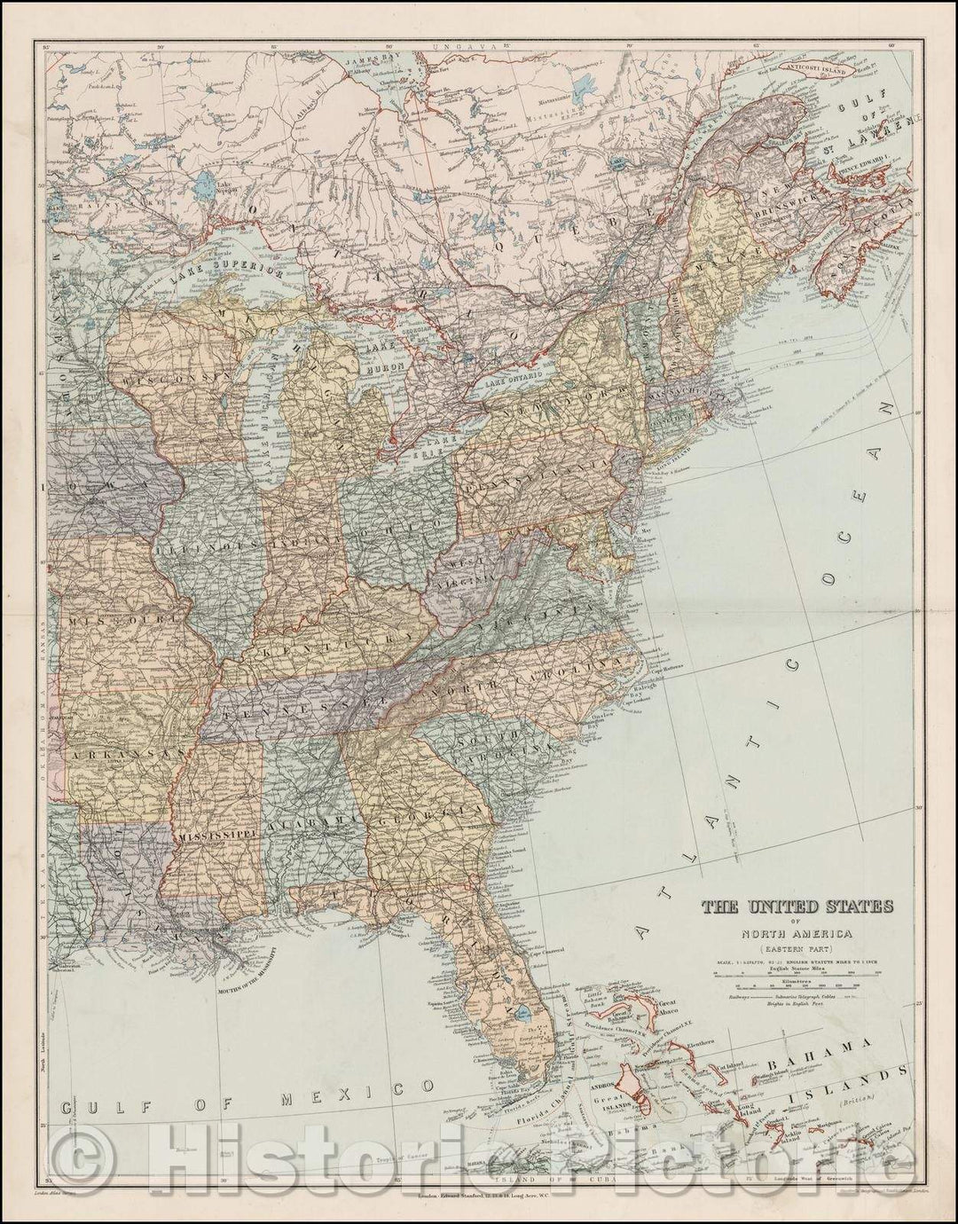 Historic Map - The United States of North America (Eastern Part) (shows Submarine Telegraph Cables!), 1885, Edward Stanford - Vintage Wall Art