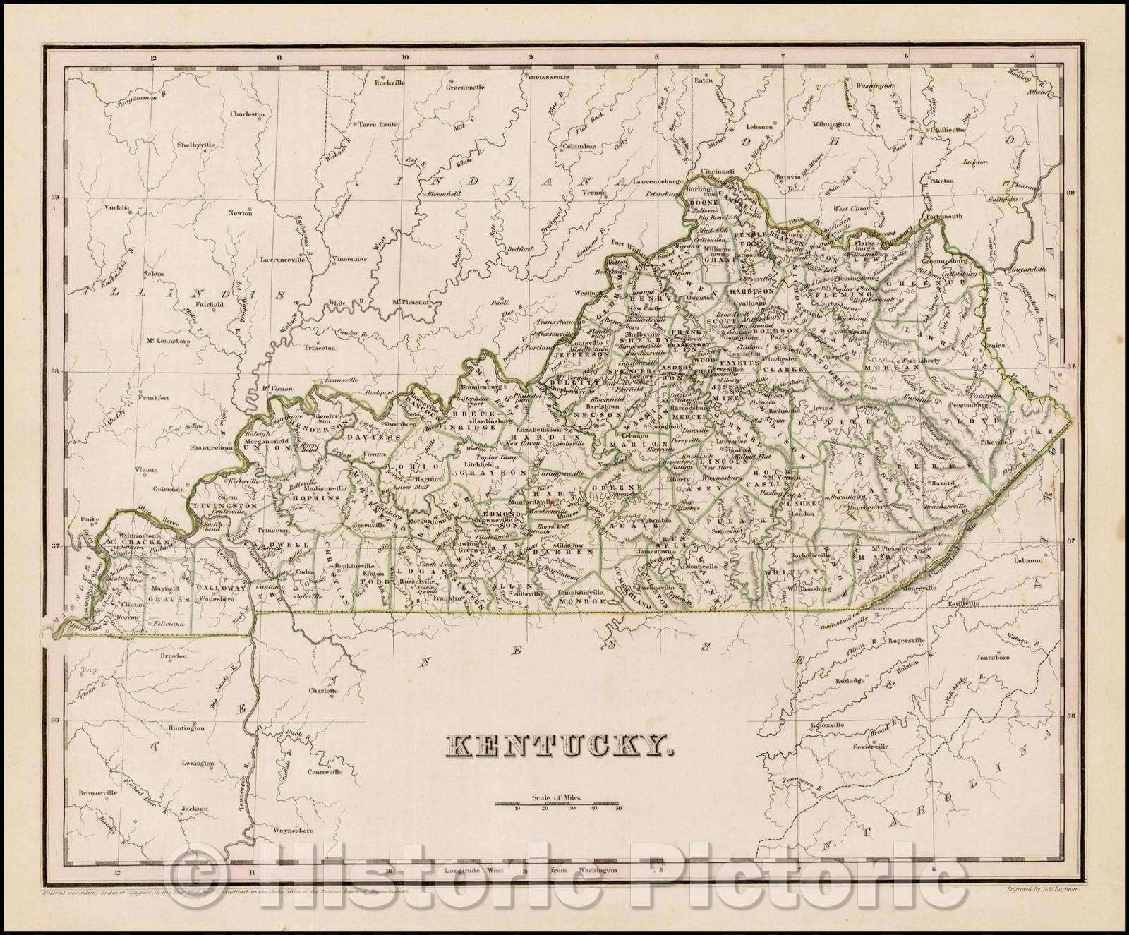 Historic Map - Kentucky, 1838, Thomas Gamaliel Bradford - Vintage Wall Art