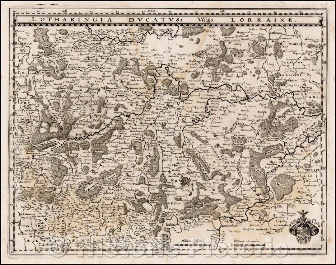Historic Map - Lotharingia Ducatus; Vulgo Lo :: Blaeu's of the Lorraine Reigon, centered on Bayone and Nancy and including the Sar and Moselle River Valleys, 1640 - Vintage Wall Art