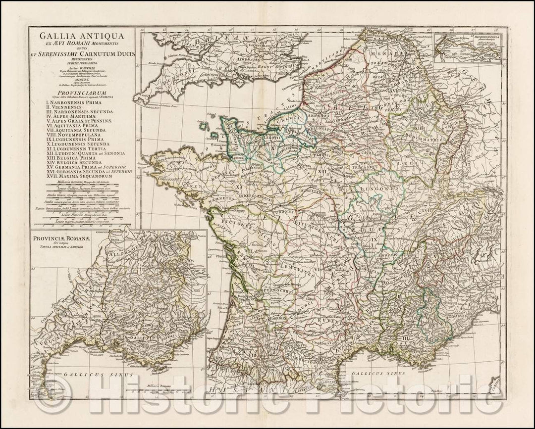 Historic Map - Gallia Antiqua Ex Aevi Romai Monumentis Eruta et Serenissimi Carnutum Duci :: Ancient France, 1760 - Vintage Wall Art