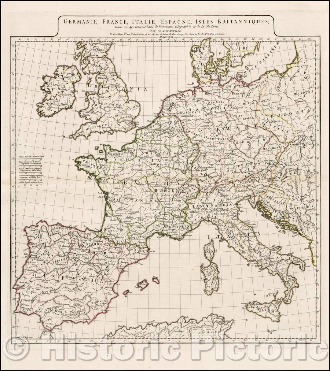 Historic Map - Germanie, France, Italie, Espagne, Isles Britanniques; Dans un Age interme, 1771 - Vintage Wall Art