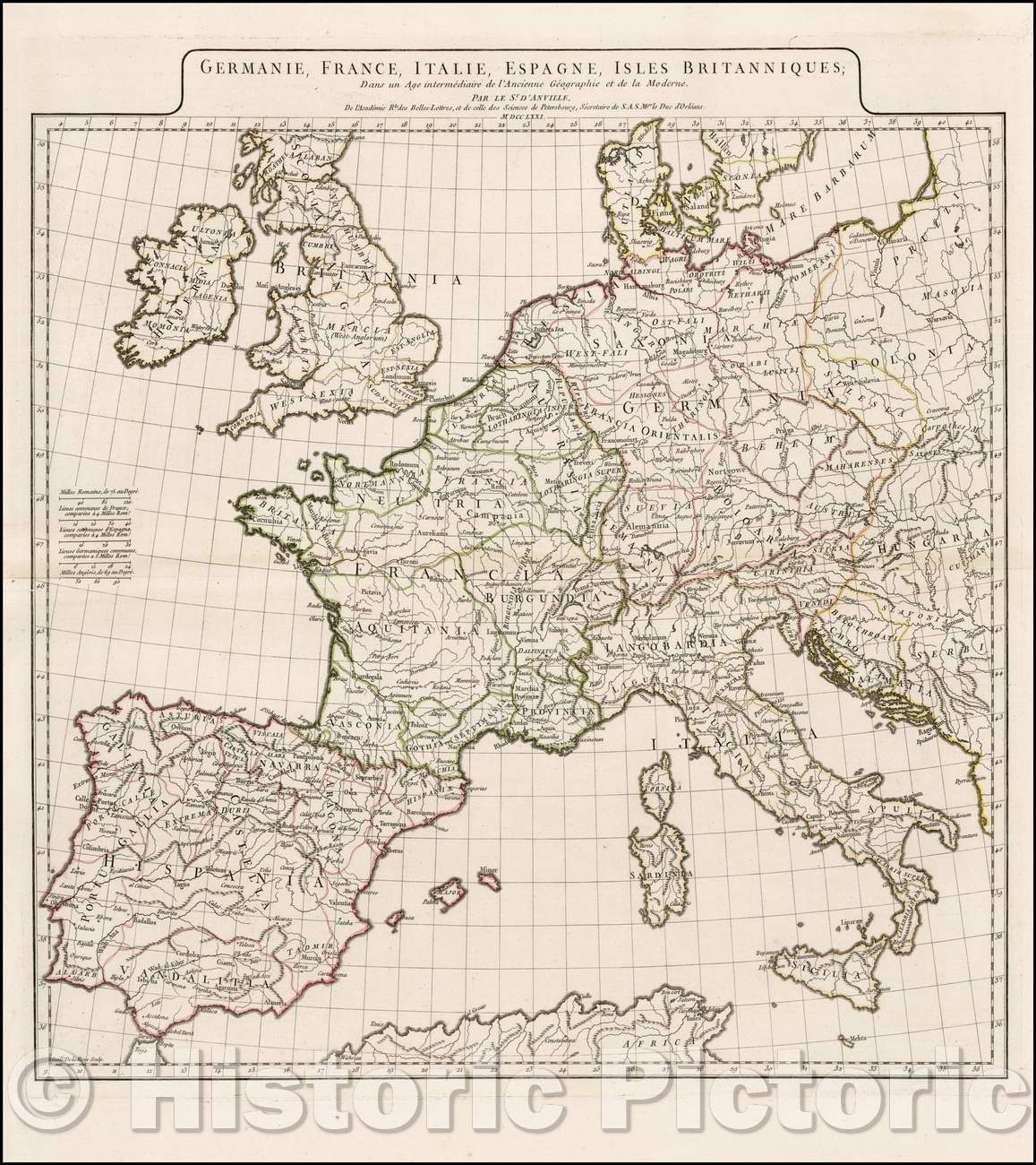Historic Map - Germanie, France, Italie, Espagne, Isles Britanniques; Dans un Age interme, 1771 - Vintage Wall Art