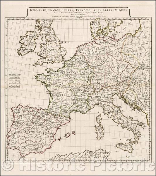 Historic Map - Germanie, France, Italie, Espagne, Isles Britanniques; Dans un Age interme, 1771 - Vintage Wall Art