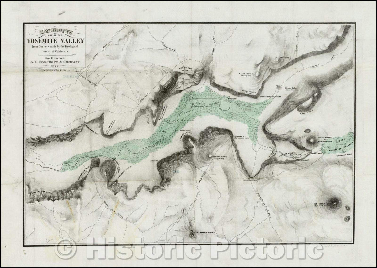 Historic Map - Bancroft's Map of the Yosemite Valley from Surveys made, 1872, A.L. Bancroft & Co. - Vintage Wall Art