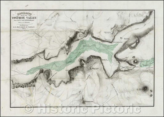 Historic Map - Bancroft's Map of the Yosemite Valley from Surveys made, 1872, A.L. Bancroft & Co. - Vintage Wall Art
