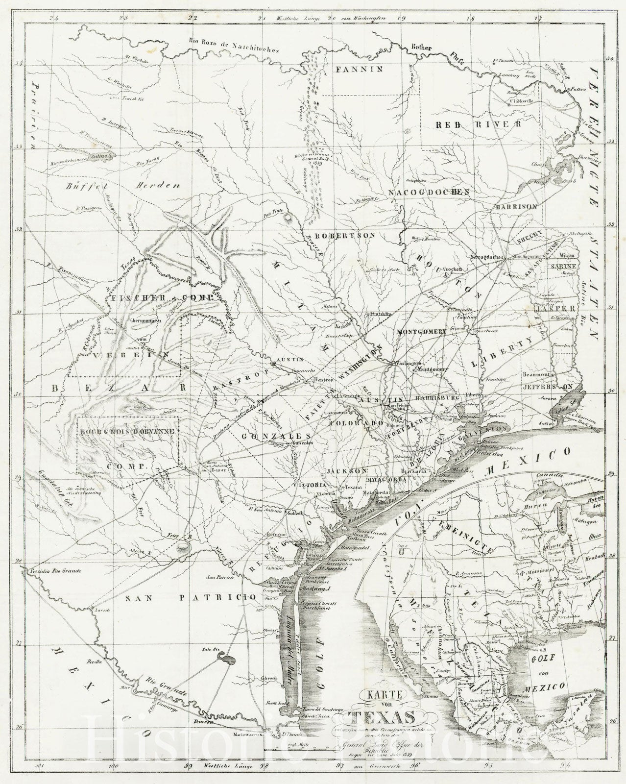 Historic Map - Karte von Texas entworfen nach den Vermessungen welche in den Acten :: Texas designed according to the survey which lie in the Acts of the, 1845 - Vintage Wall Art