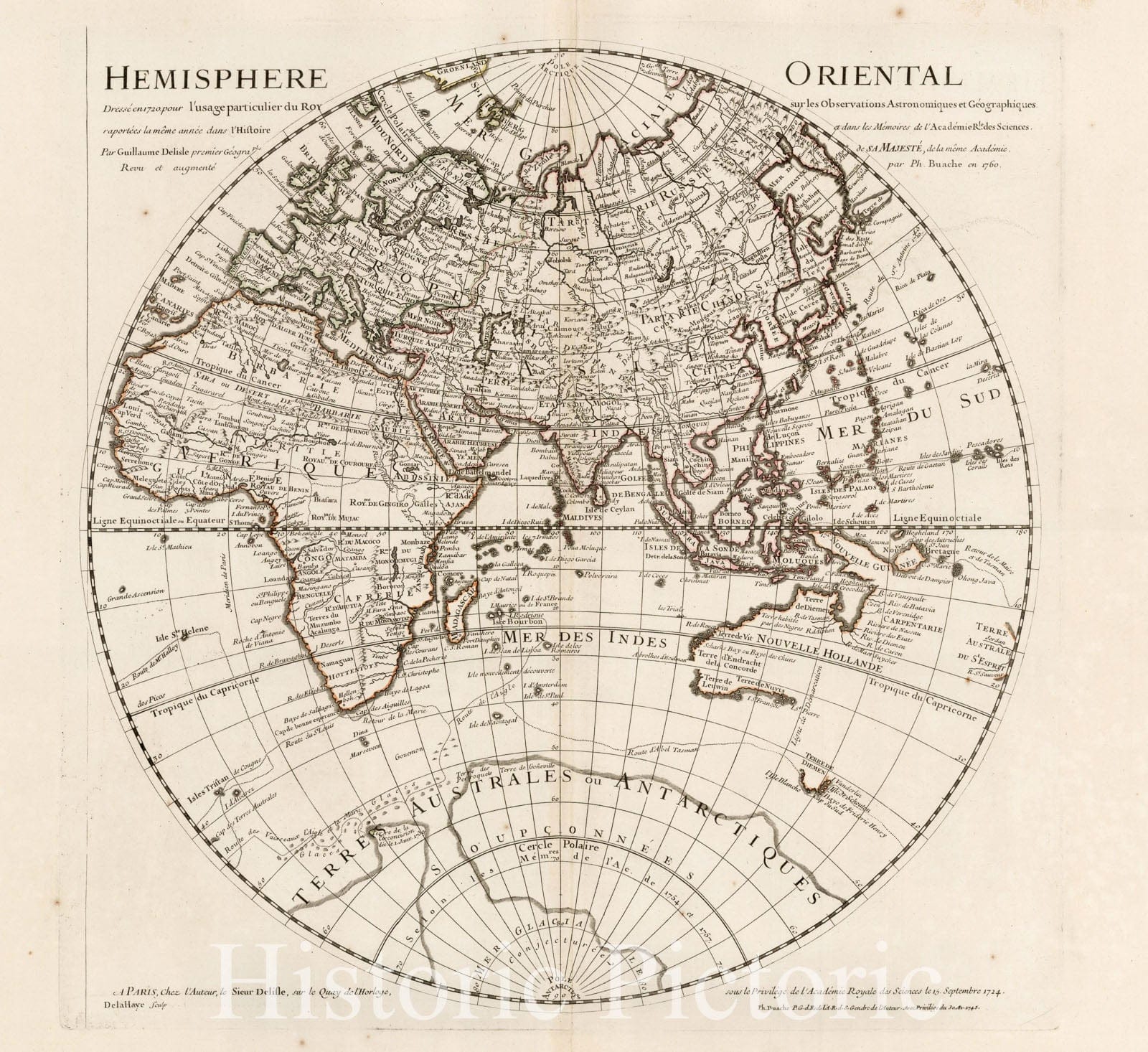 Historic Map - Hemisphere Oriental Dresse en 1720 pour l?usage particulier du Roy/Philippe Buache's Map of the Eastern Hemisphere, 1760, Philippe Buache - Vintage Wall Art