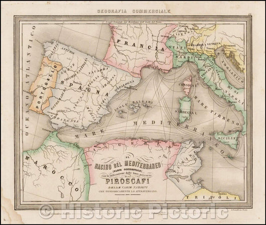 Historic Map - Il Bacino Del Mediterraneo (Parte Occidentale) con la indicazione delle li, 1855 - Vintage Wall Art