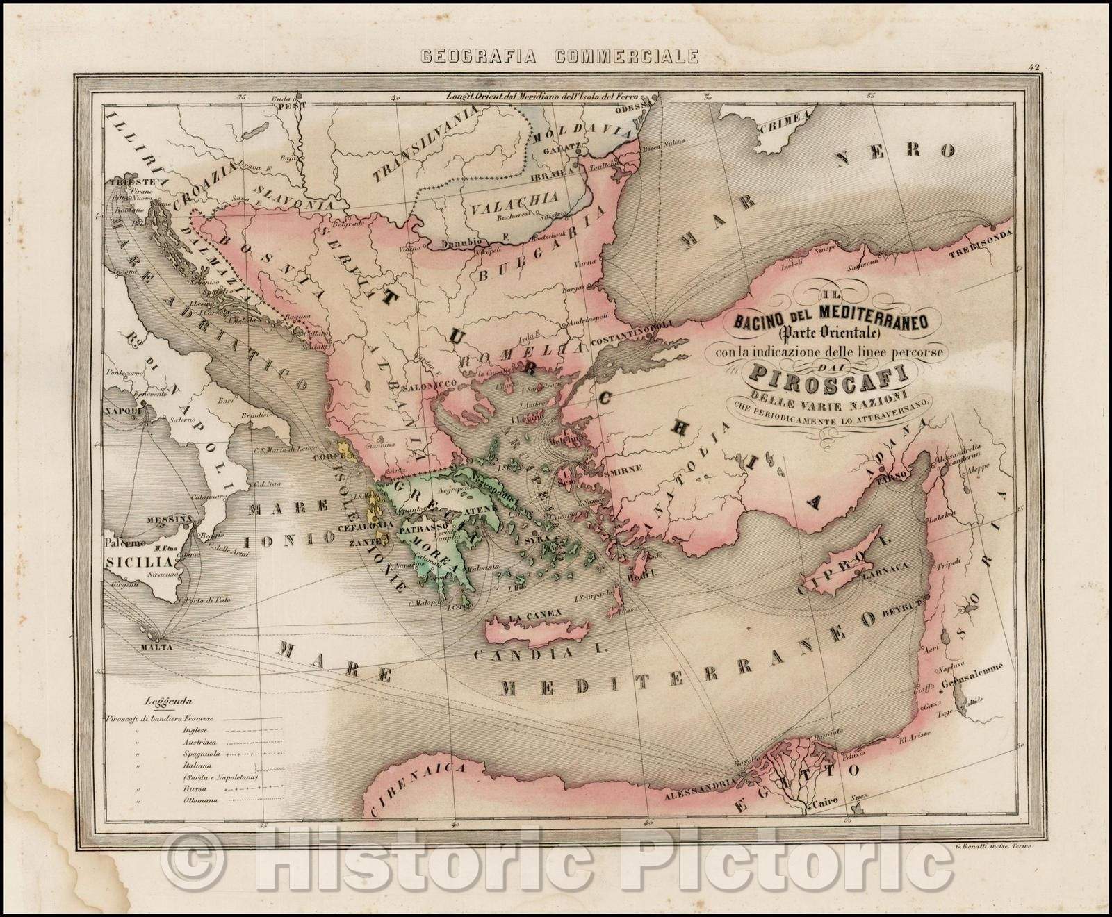 Historic Map - Il Bacino Del Mediterraneo (Parte Orientale) con la indicazione delle line, 1855 - Vintage Wall Art