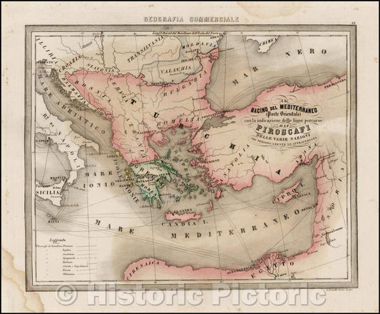 Historic Map - Il Bacino Del Mediterraneo (Parte Orientale) con la indicazione delle line, 1855 - Vintage Wall Art