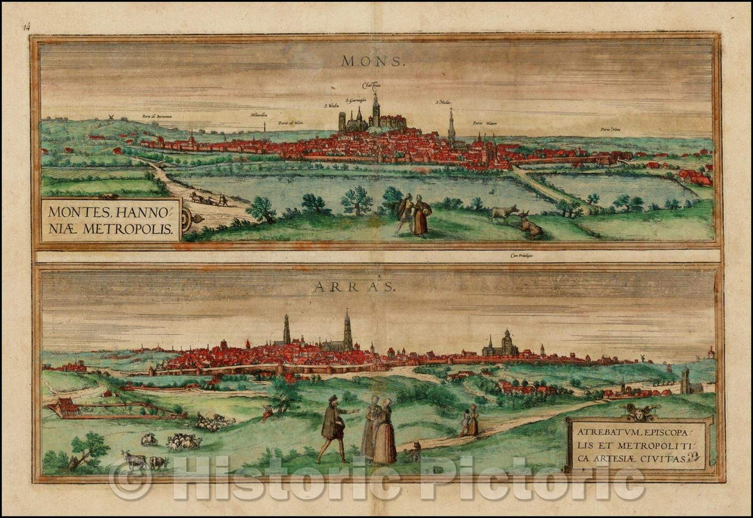 Historic Map - Montes, Hannoniae Metropolis [and] Atrebatum, Episcopalis Et Metropolica/City Views of Bergen/Mons in Hainaut, Belgium and Arras, 1575 - Vintage Wall Art