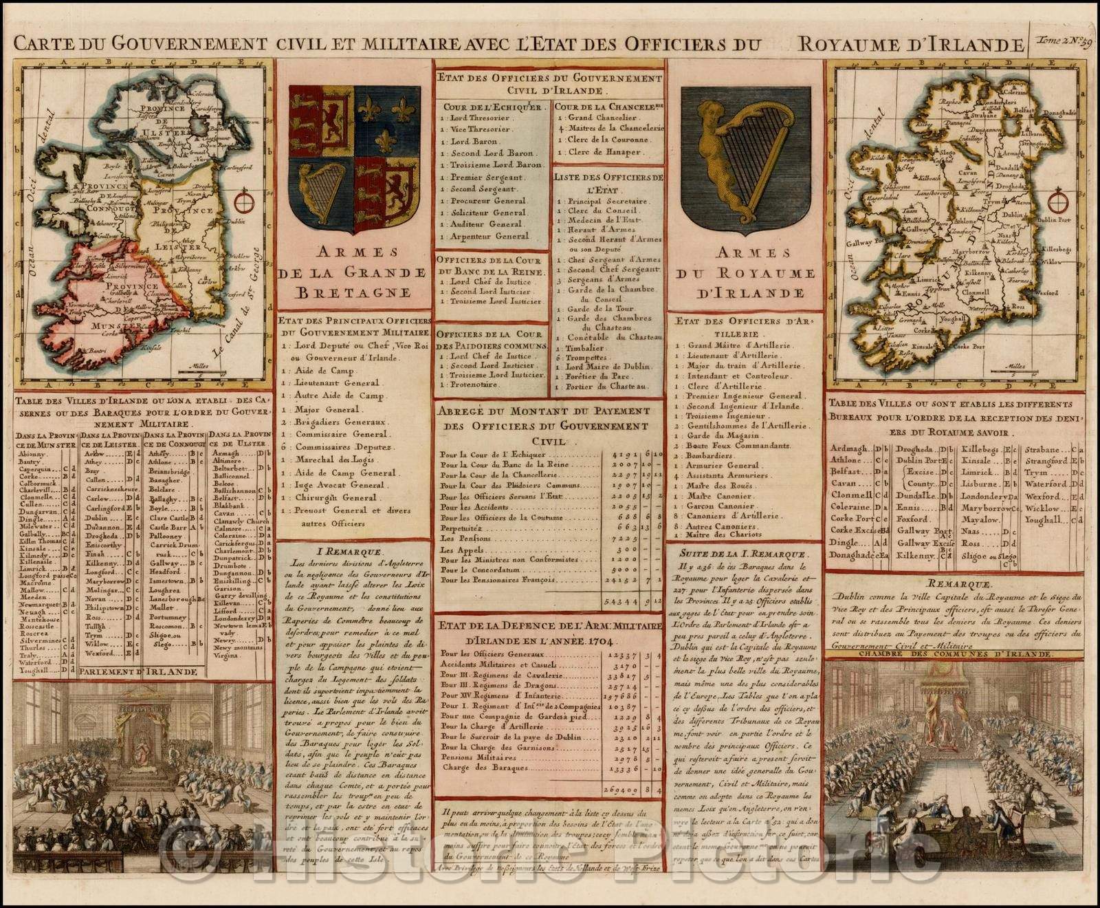 Historic Map - Carte Du Gouvernement Civil et Militair Avec L'Etat Des Officiers Du Royaume D'Irlande :: Set of Maps of Ireland, Ireland and Irish Parliament, 1719 - Vintage Wall Art