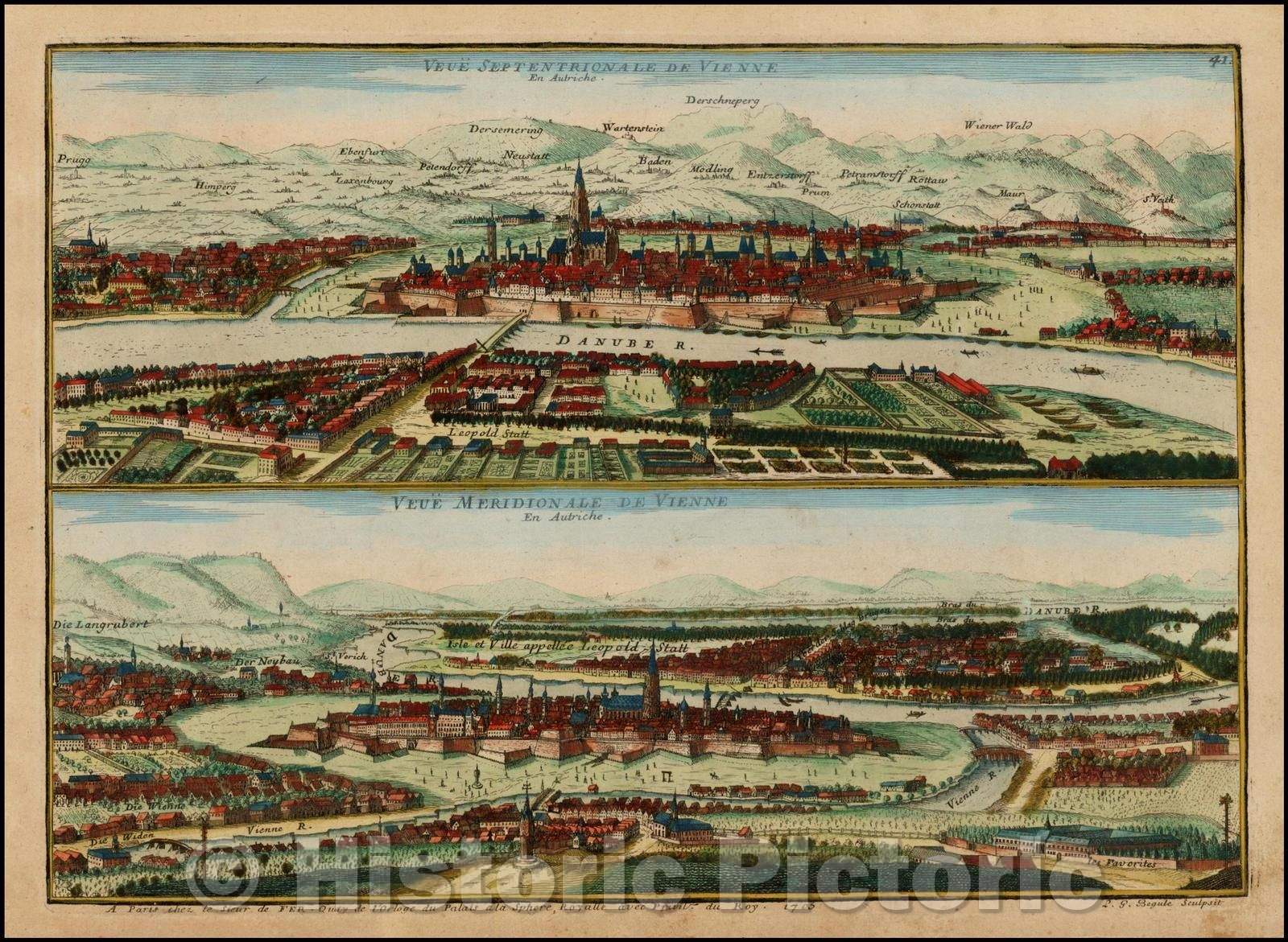 Historic Map - Veue Septentrionale De Vienne/Views of the City of Vienna, 1705, Nicolas de Fer - Vintage Wall Art