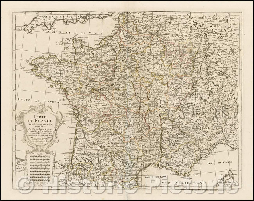 Historic Map - Carte De France Dressee pour l'instruction, Par Guil Delisle, 1745, Philippe Buache - Vintage Wall Art