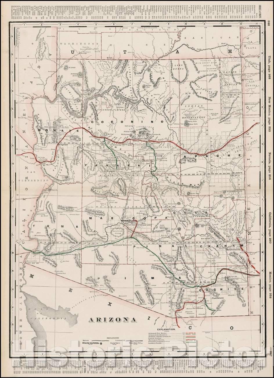 Historic Map - Arizona, 1892, George F. Cram - Vintage Wall Art