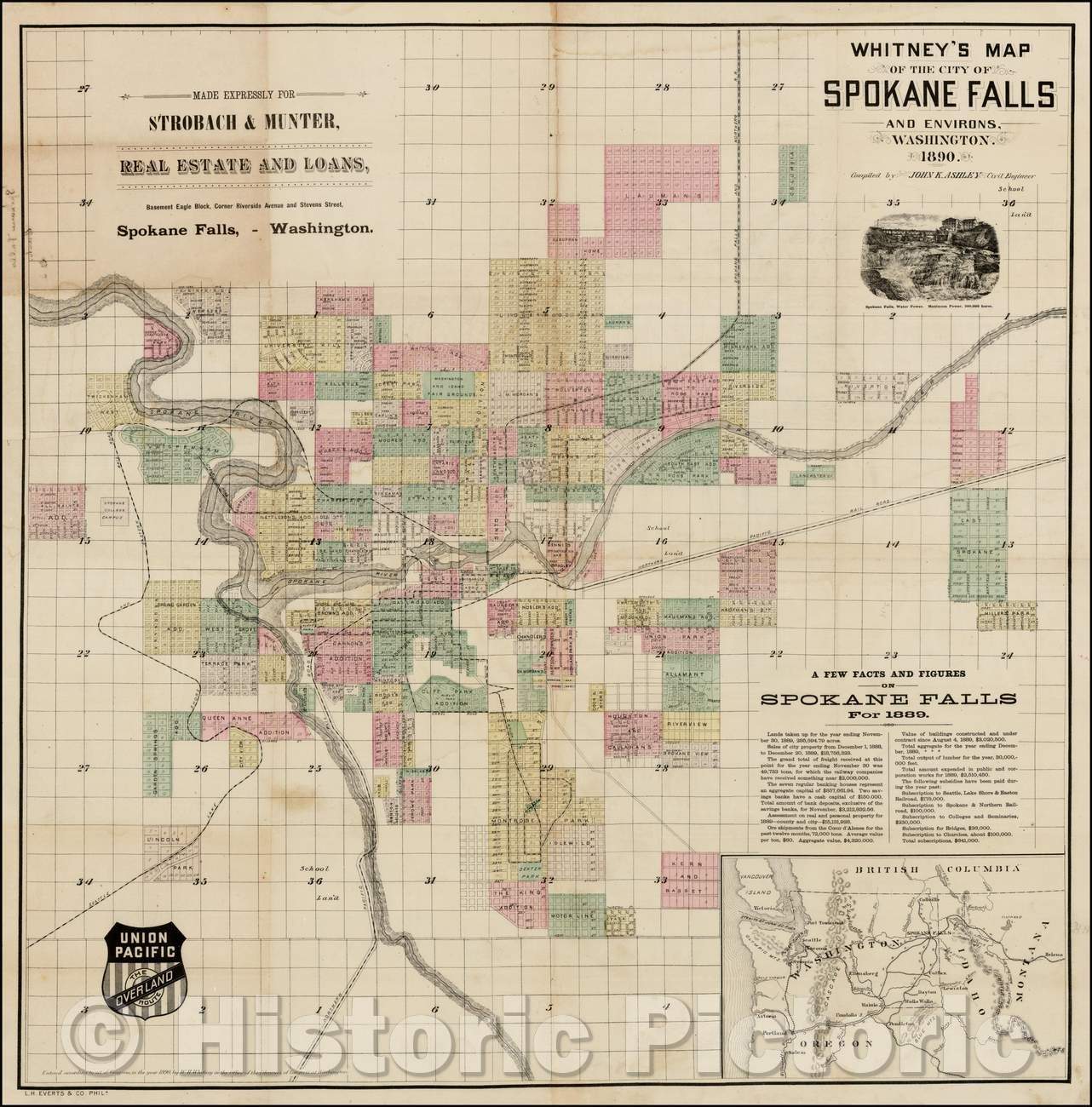 Historic Map - Whitney's Map of the City of Spokane Falls and Environs. Washington, 1890, John K. Ashley - Vintage Wall Art