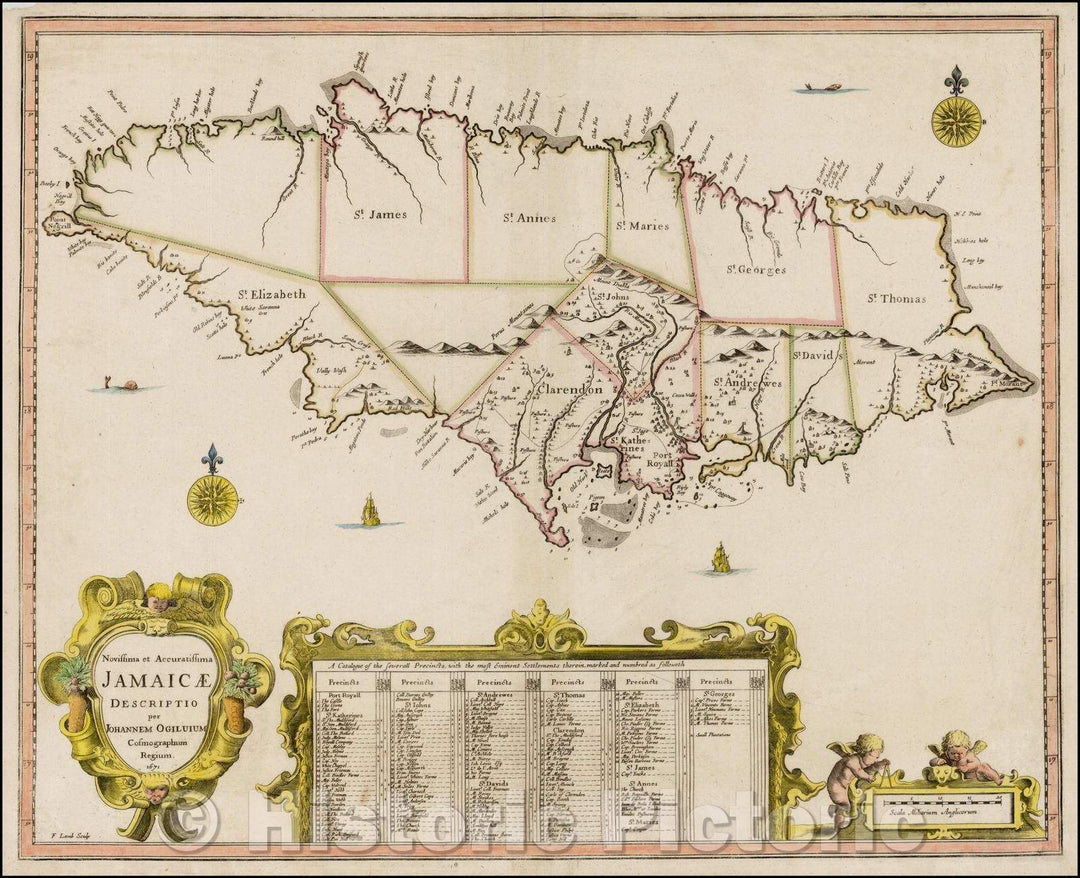 Historic Map - Novissima et Accuratissima Jamaicae Descriptio per Johannem Ogiluium Cosmographum Regium, 1671, John Ogilby v1