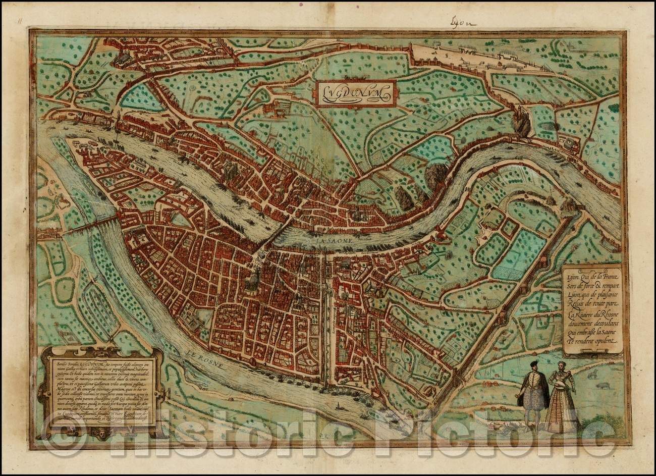 Historic Map - Lugdunum (Lyon) / View of Lyon, 1572, Georg Braun - Vintage Wall Art