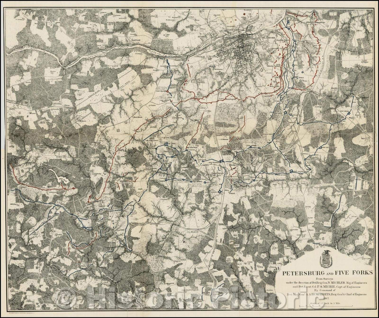 Historic Map - Petersburg and Five Forks From Surveys, 1867, U.S. War Department - Vintage Wall Art