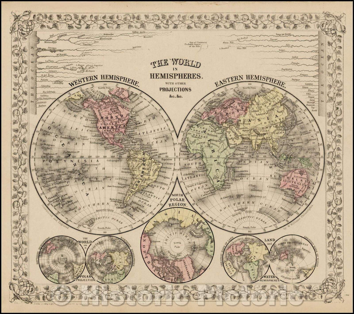 Historic Map - The World In Hemispheres. With Other Projections, 1867, Samuel Augustus Mitchell Jr. v2