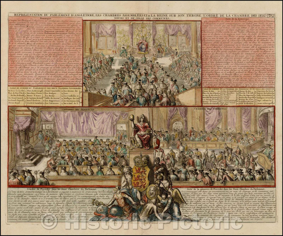 Historic Map - Representation Du Parlement D'Angleterre, Les Chambres Assemblees Et De La Reine Sur Son Throne/Series of scenes, British Parlament, 1719 - Vintage Wall Art