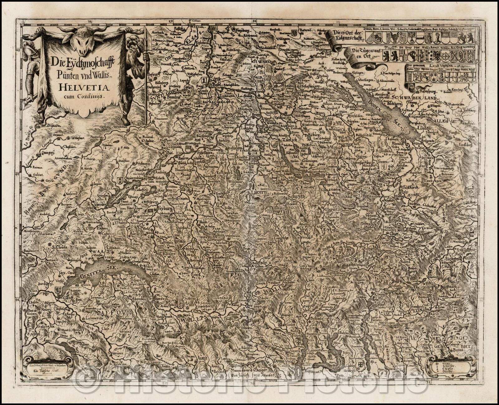 Historic Map - Die Eydtgnoschafft Punten und Wallis Helvetia cum Con :: Switzerland and Liechtenstein,ncludes three cartouches and 33 city coat of arms, 1638 - Vintage Wall Art
