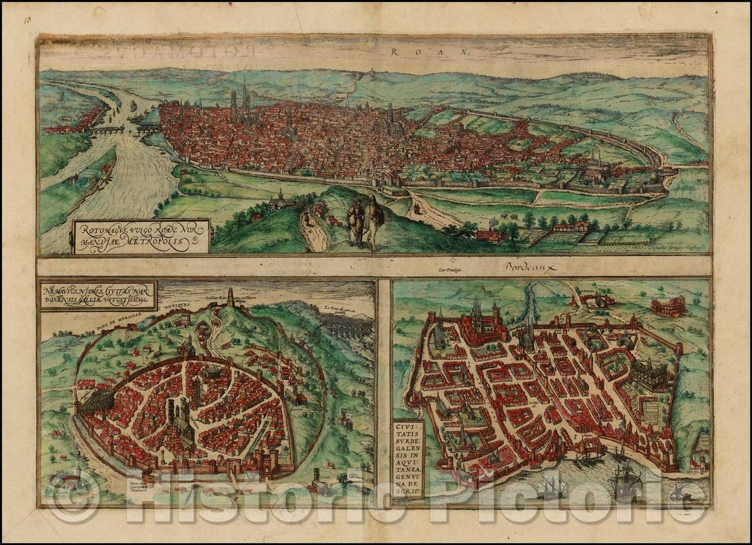 Historic Map - Rotomagus Vulgo Roan Normandie Metropolis/Nemausus, Nismes, Civitas Narbonensis/Views of Rouen, Nime, and Bordeaux in France, 1572 - Vintage Wall Art