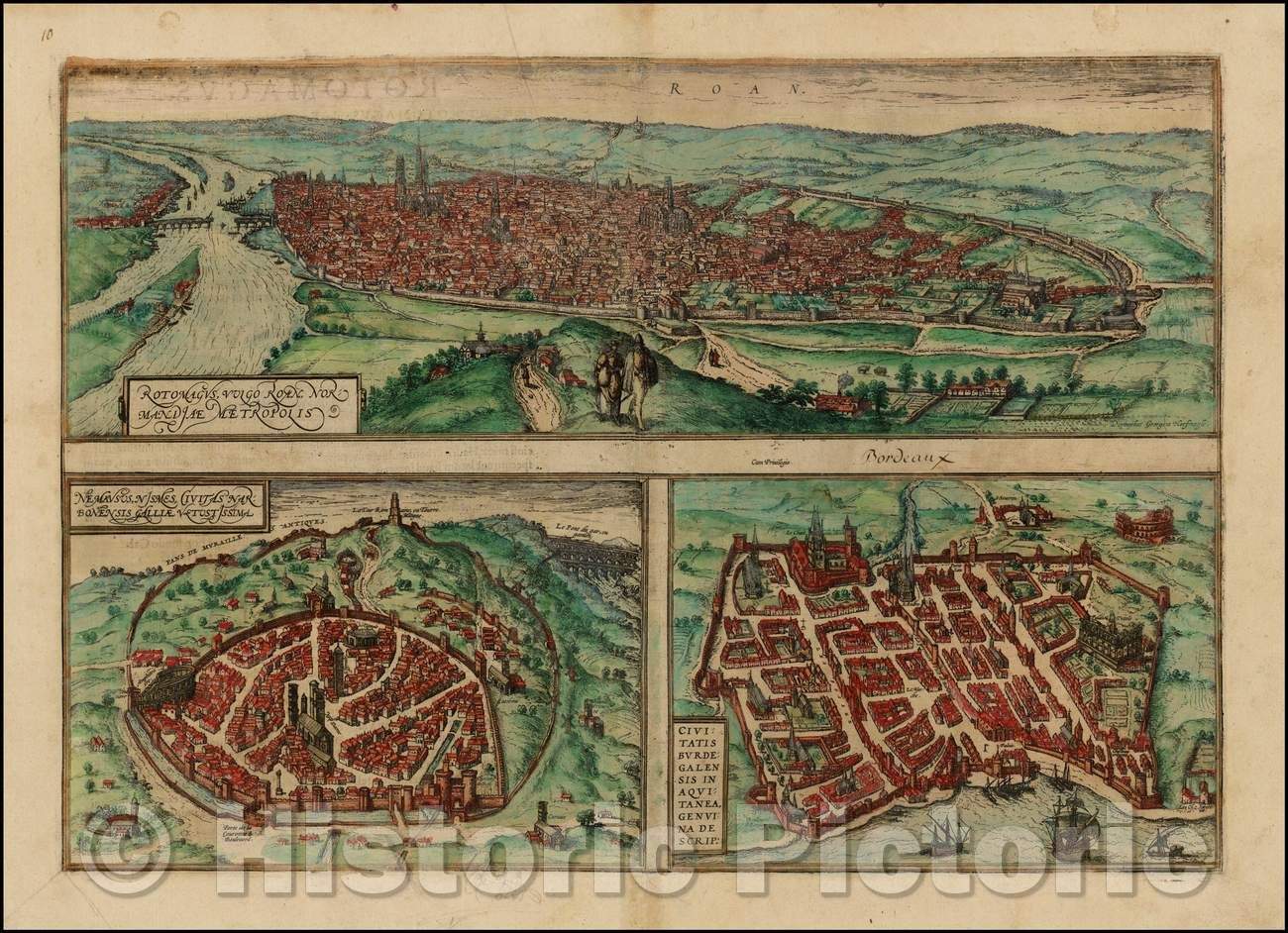 Historic Map - Rotomagus Vulgo Roan Normandie Metropolis/Nemausus, Nismes, Civitas Narbonensis/Views of Rouen, Nime, and Bordeaux in France, 1572 - Vintage Wall Art
