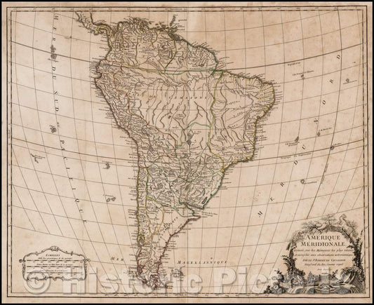 Historic Map - Amerique Meridionale, Dressee, sur les Memoires les plus recentes et assujetie aux observations astronomiques, 1776, Gilles Robert de Vaugondy - Vintage Wall Art