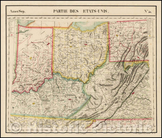 Historic Map - Amer. Sep. No. 50. Partie des ?ats Unis Indiana, Ohio, Kentucky, Virginia, and parts of Pennsylvania, Tennessee & North Carolina, 1827 - Vintage Wall Art