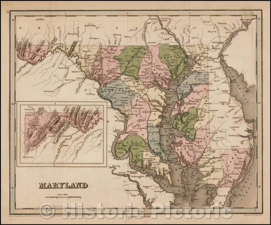 Historic Map - Maryland. Corrected to, 1838, Thomas Gamaliel Bradford - Vintage Wall Art