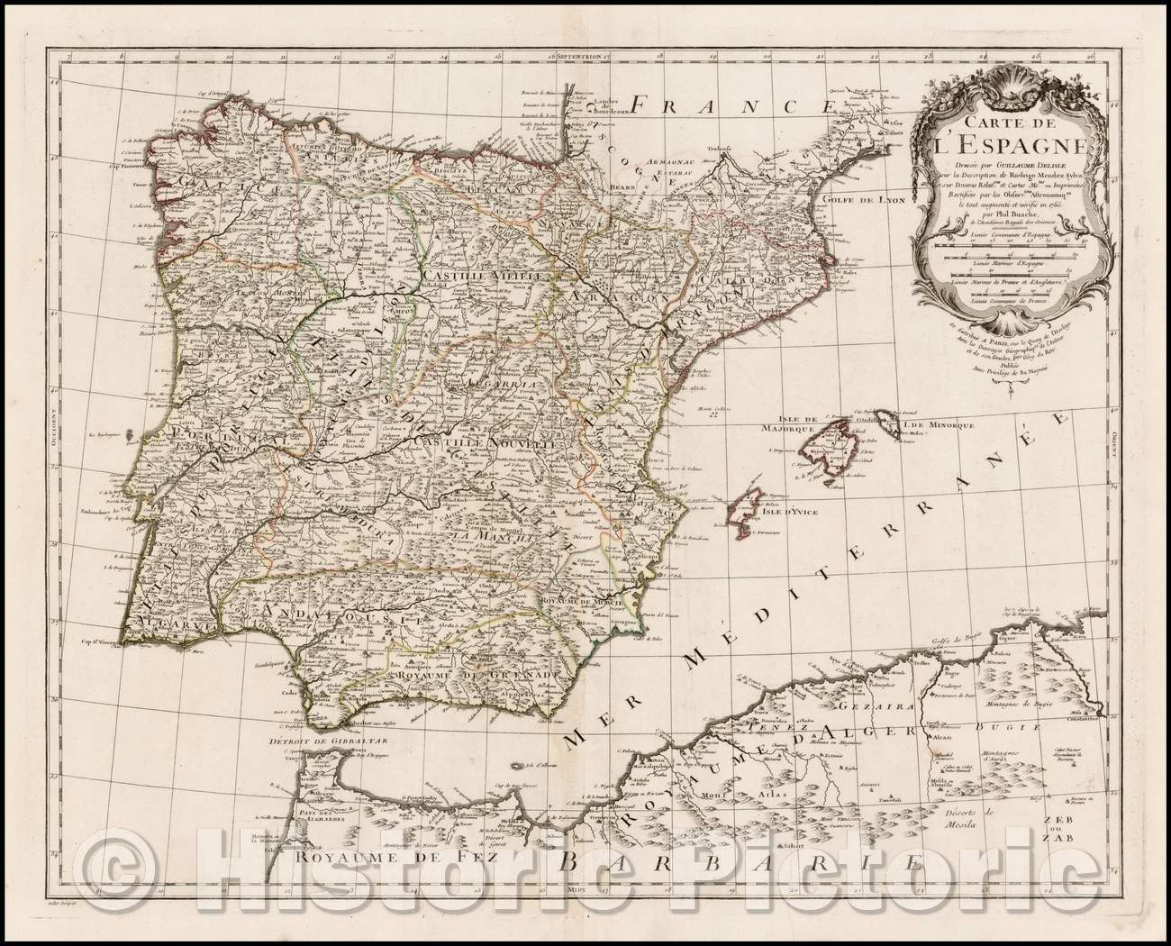 Historic Map - Carte De L'Espagne/Card Spain. 1766, 1766, Philippe Buache - Vintage Wall Art