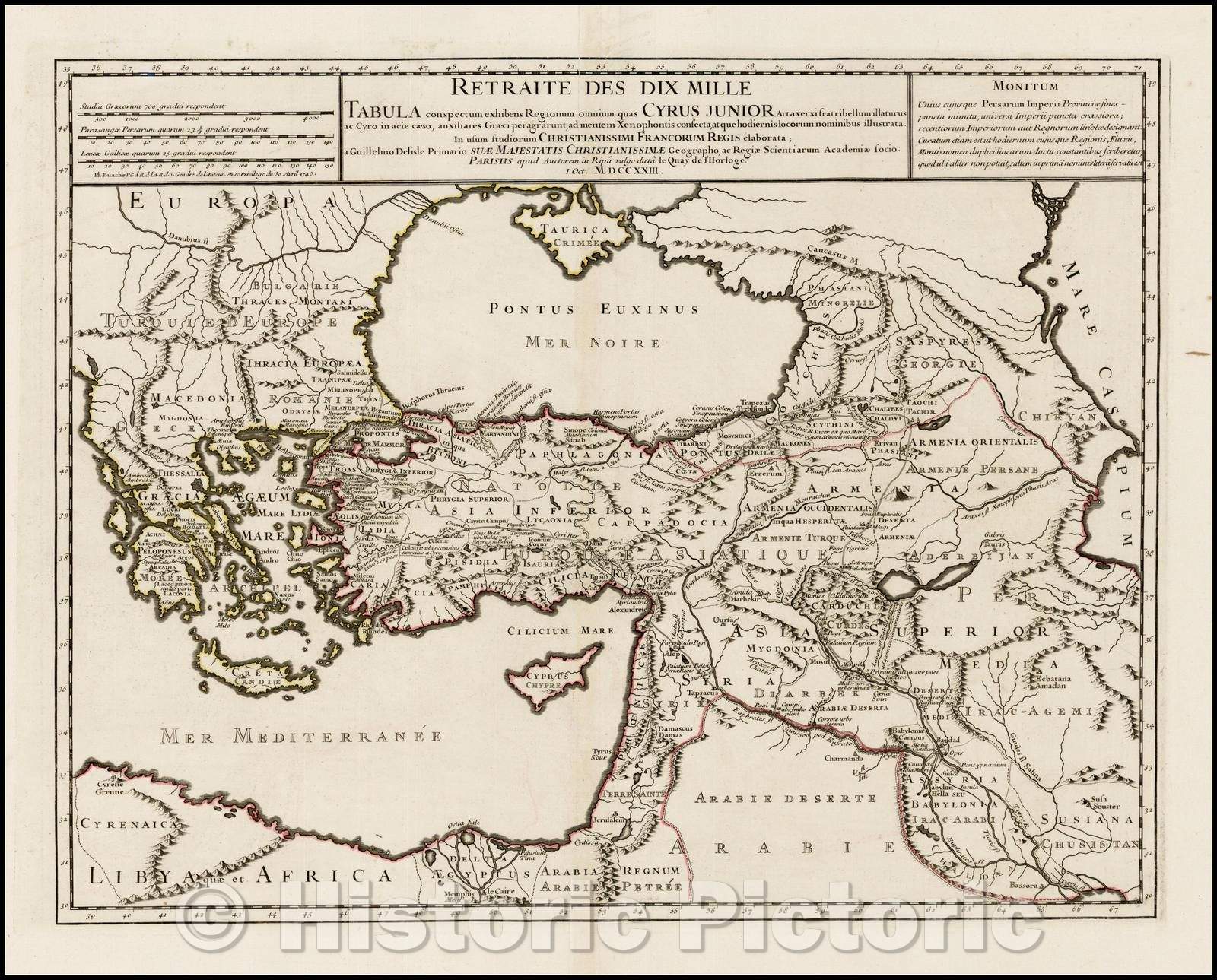 Historic Map - Retraite Des Dix Mille Tabula conspectum exhibens Regionum omnium quas Cyrus Junior, 1745, Philippe Buache - Vintage Wall Art