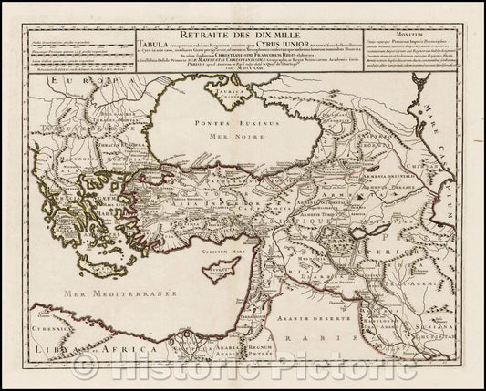 Historic Map - Retraite Des Dix Mille Tabula conspectum exhibens Regionum omnium quas Cyrus Junior, 1745, Philippe Buache - Vintage Wall Art
