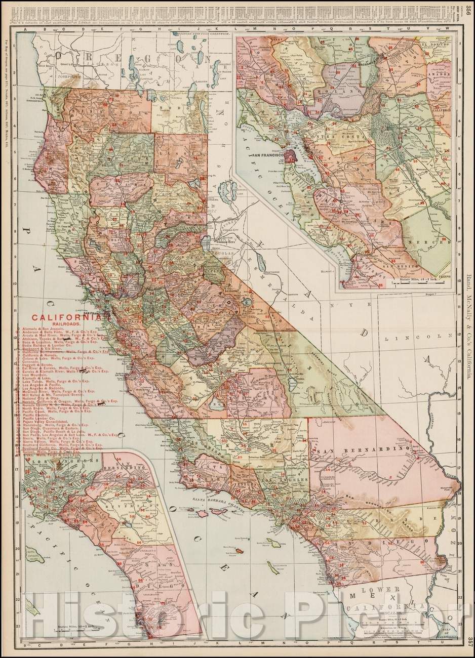 Historic Map - California (with insets of Southern California and San Francisco area), 1895, William Rand - Vintage Wall Art