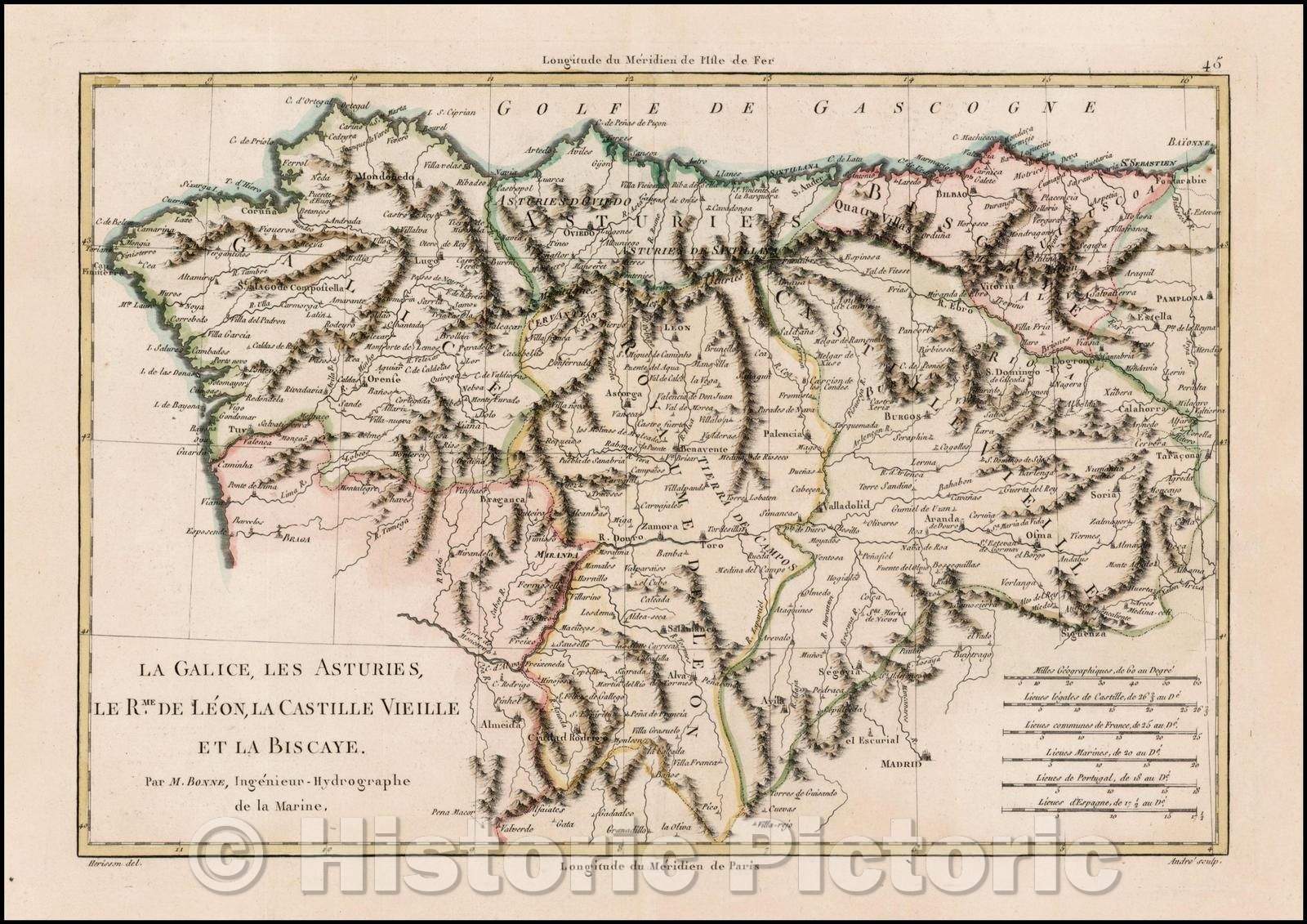 Historic Map - La Galice, Les Asturies, Le R.me De Leon, La Castille Vielle, et la Biscaye/Galicia, Asturias, The R.me De Leon, Castile Old and Bizkaia, 1780 - Vintage Wall Art