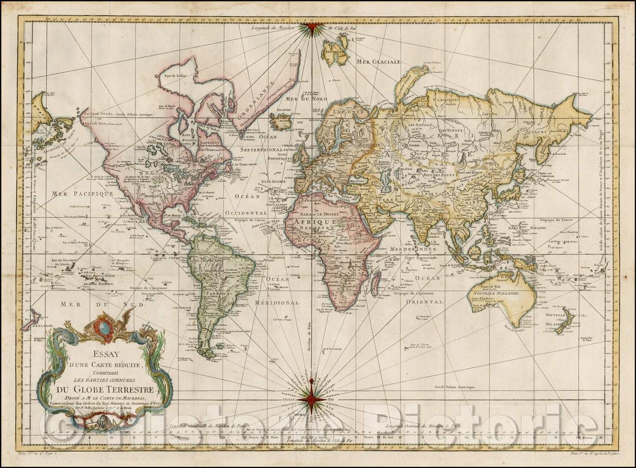 Historic Map - Essay D'Une Carte Reduite Contenant Les Parties Connuees Du Globe Terrestre Dedie A JM. Le Comte De Maurepas, 1748, Jacques Nicolas Bellin v1