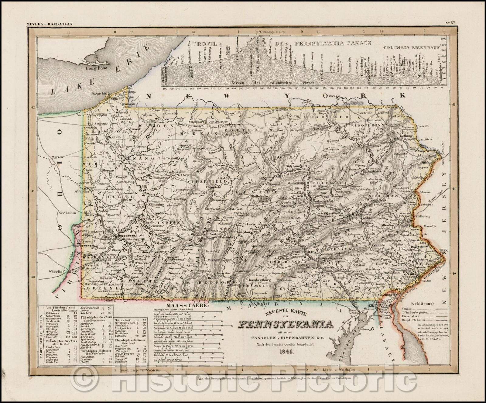 Historic Map - Neueste Karte von Pennsylvania mit seinen Canaelen, Strassen & Entfernungen der Hauptpunkte. Nach den bessten Quellen verbessert, 1845 v1