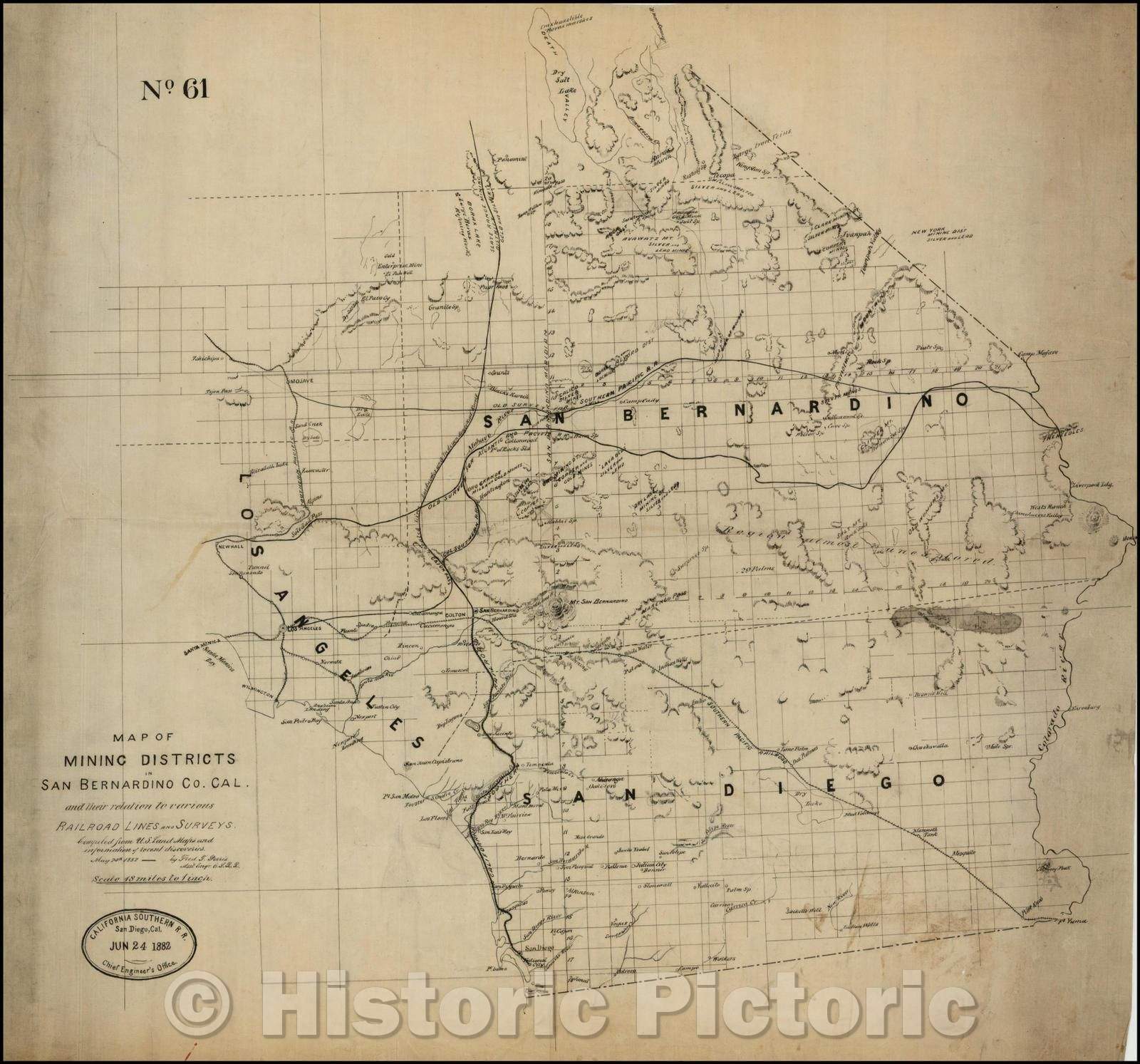 Historic Map - Map of the Mining Districts in San Bernardino Co. Cal. and their relation to the Various Railroad Lines And Surveys, 1882, Fred Thomas Perris - Vintage Wall Art