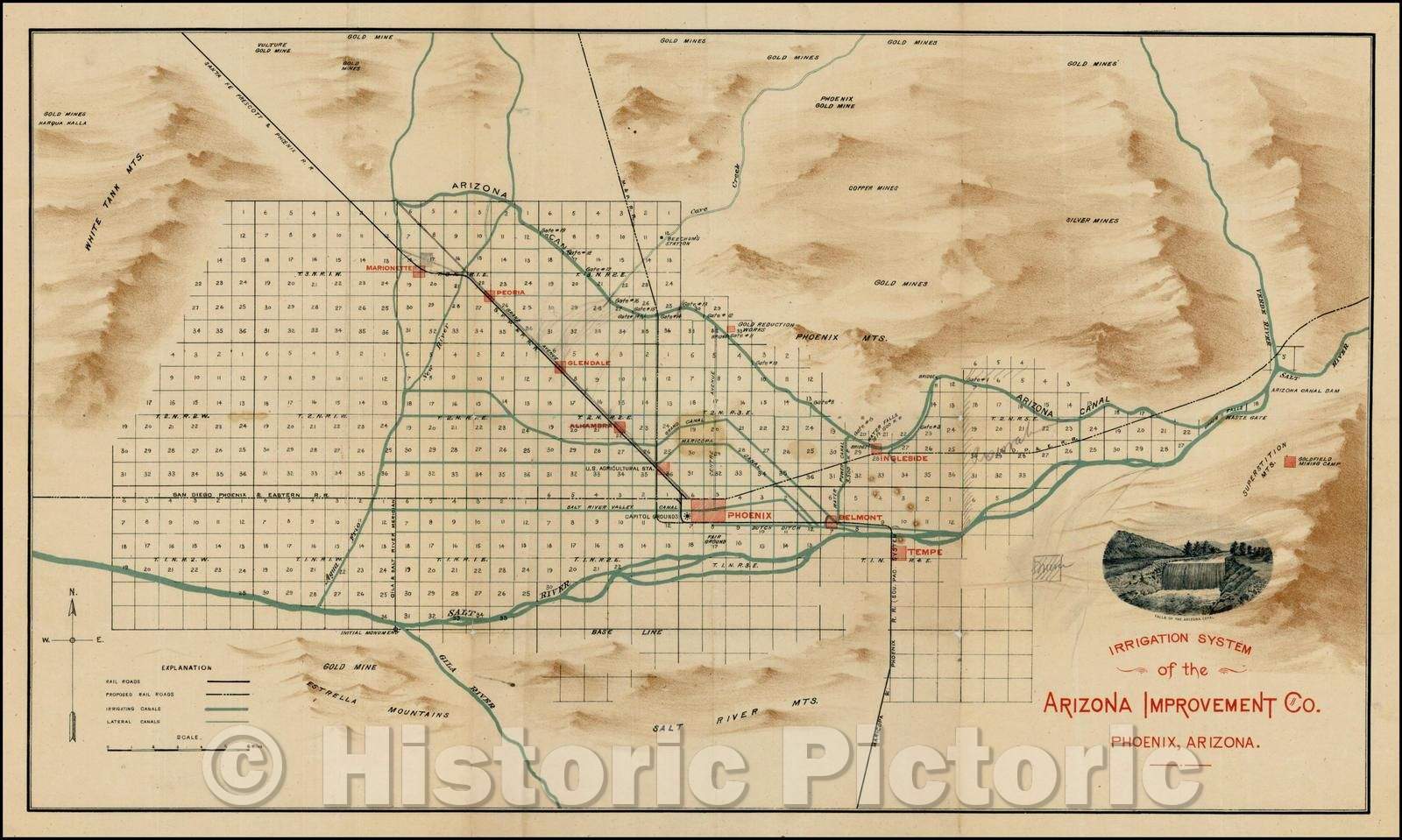 Historic Map - Irrigation System of the Arizona Improvement Co. Phoenix, Arizona, 1895, Anonymous - Vintage Wall Art