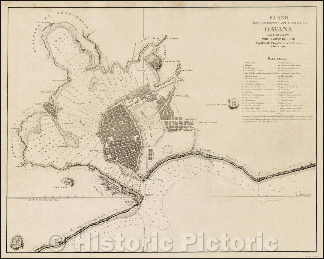 Historic Map - Plano Del Puerto y Ciudad De La Havana Levantado Por D/Plan of Havana, as surveyed by Jose del Rio Cosa, Royal Armada in 1798, 1798, - Vintage Wall Art