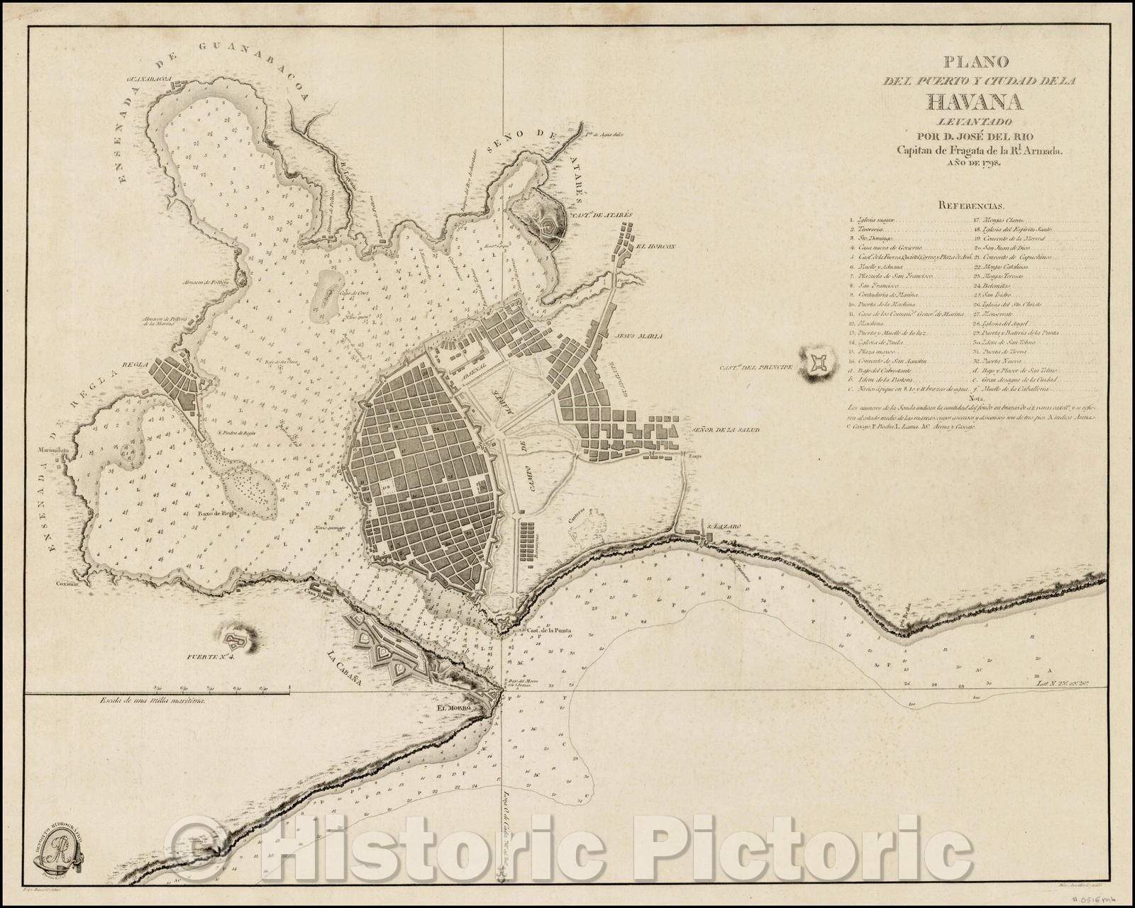 Historic Map - Plano Del Puerto y Ciudad De La Havana Levantado Por D/Plan of Havana, as surveyed by Jose del Rio Cosa, Royal Armada in 1798, 1798, - Vintage Wall Art