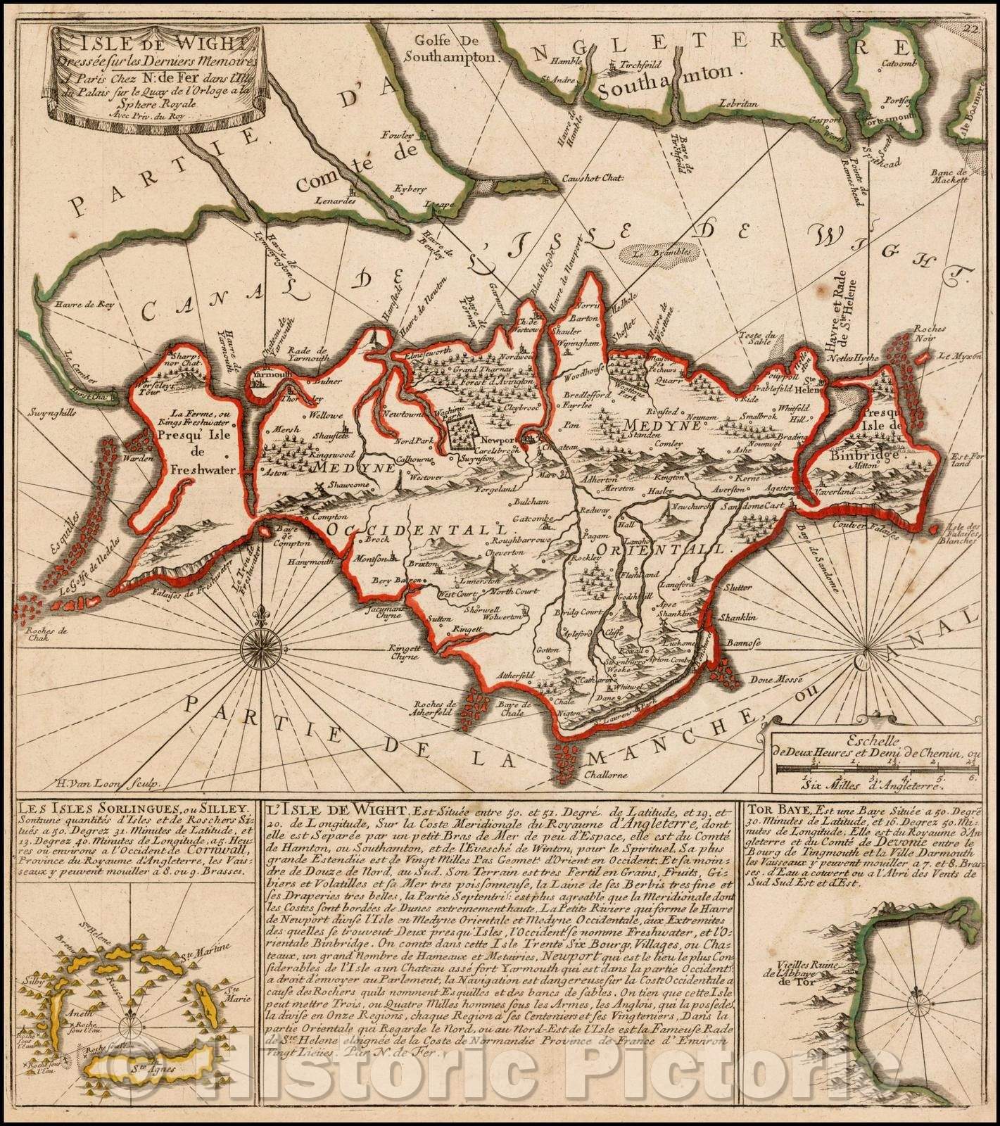 Historic Map - L'Isle De Wight (with insets of Sorlingues Islansd and Tor Bay, 1705, Nicolas de Fer - Vintage Wall Art