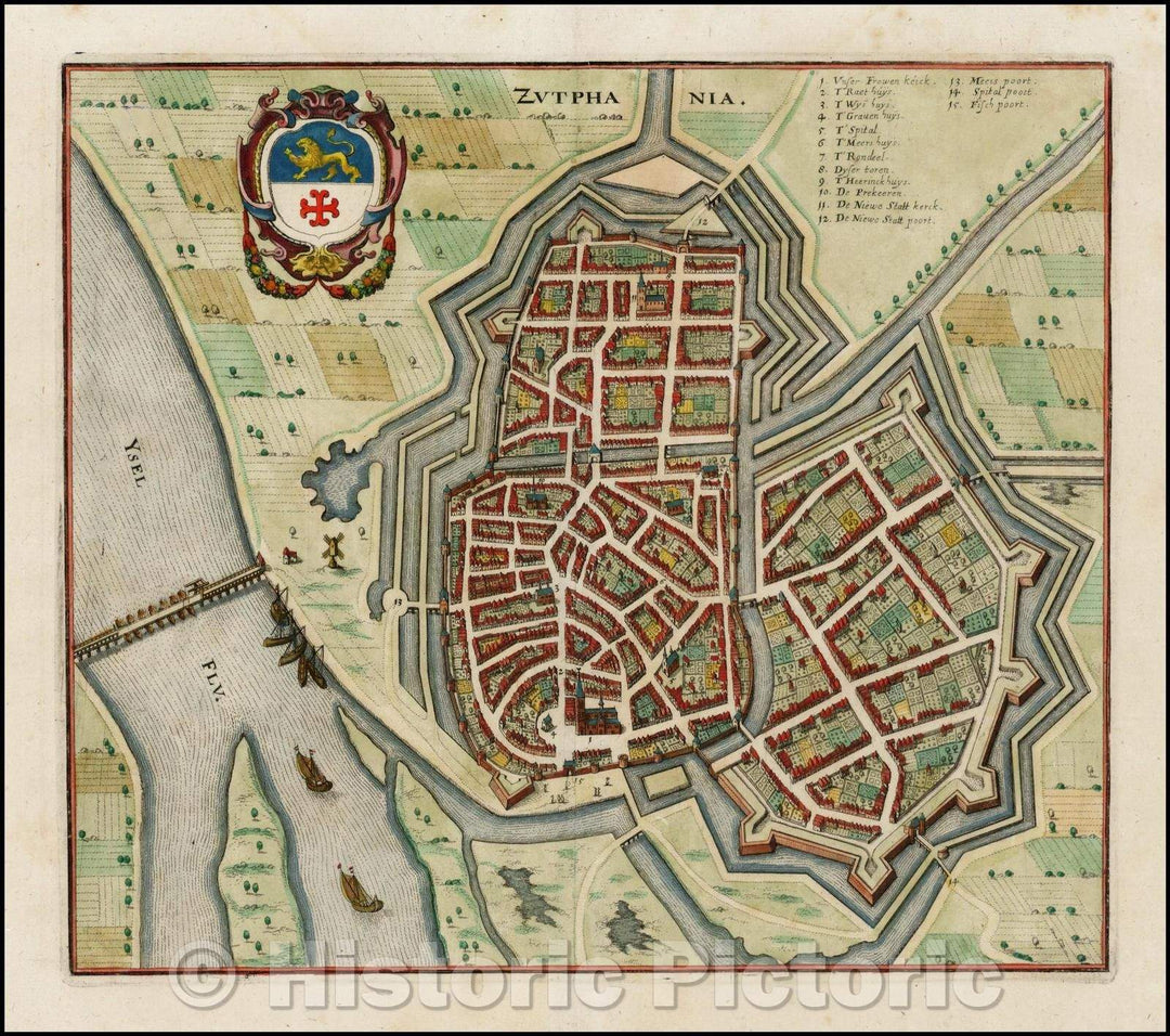 Historic Map - Zutphania (Zutphen) / View of Zutphen on the Ysel River, with a large coat of arms, 1638, Matheus Merian - Vintage Wall Art