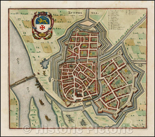 Historic Map - Zutphania (Zutphen) / View of Zutphen on the Ysel River, with a large coat of arms, 1638, Matheus Merian - Vintage Wall Art