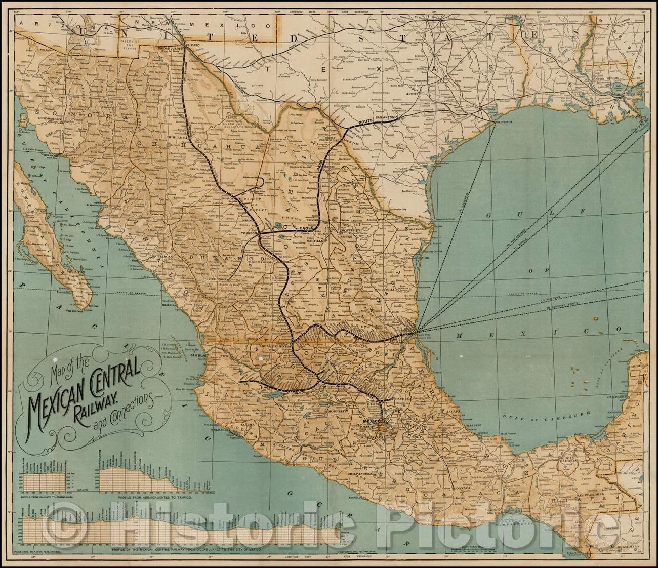 Historic Map - Map of the Mexican Central Railway and Connections, 1882, Poole Brothers - Vintage Wall Art